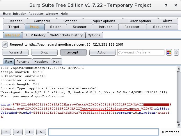 Screenshot of the HTTP request sent by Prayer Request form. The field data is clearly visible.