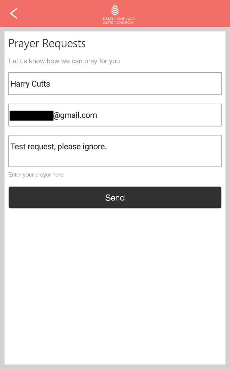 Screenshot of the Prayer Request form in an echurch app, with the fields filled in.