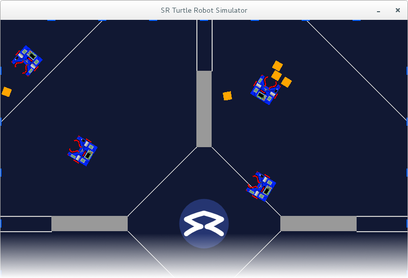 Screenshot of the simulator with four robots playing in a virtual arena.